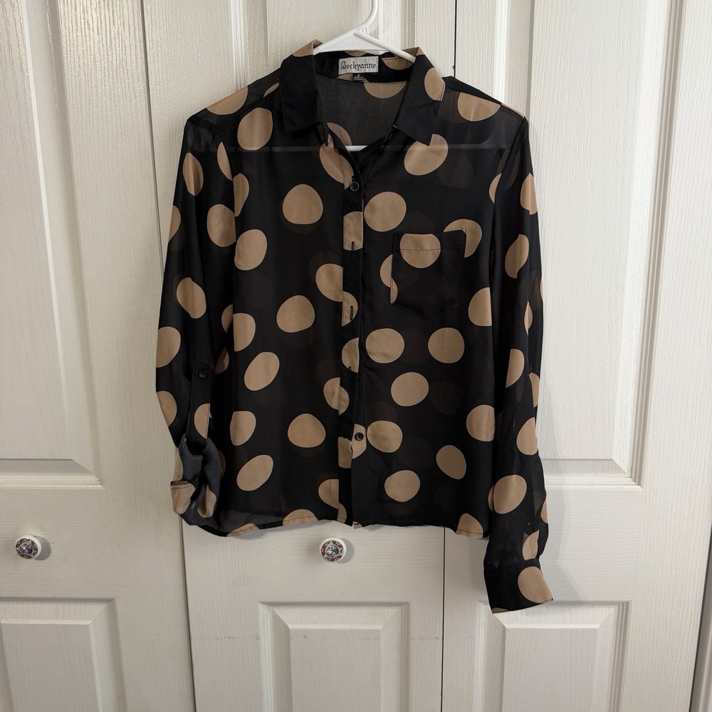 Beckyanne Brown Tan Polka Dot Sheer Button Up Blouse Women's Size Small Y2K